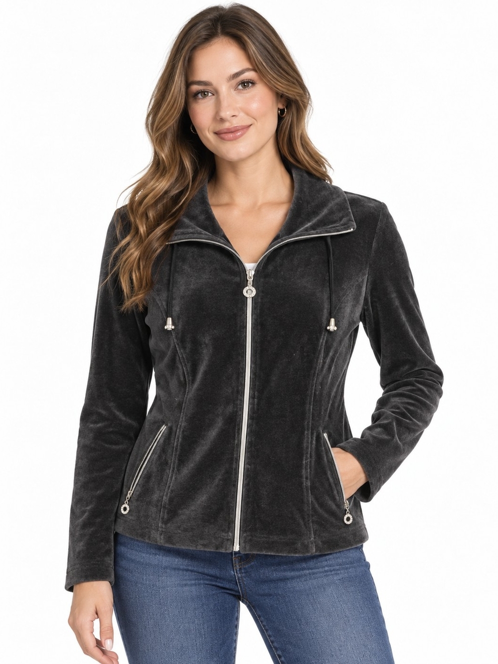 Zenergy By Chico's Women’s Velvet Zip Bomber Jacket in Charcoal 80%Cotton M 8/10